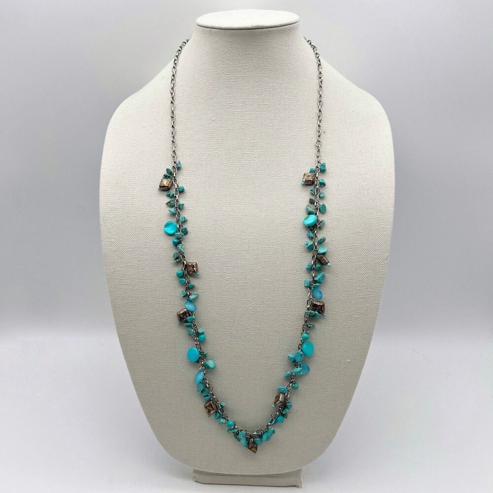 Turquoise Chip Bead and Silver Tone Mixed Floral Charm Necklace 35.5” Vintage
